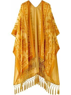 Mustard Gold Burnout Velvet Kimono Long Cardigan Duster Fringe Tassel Boho